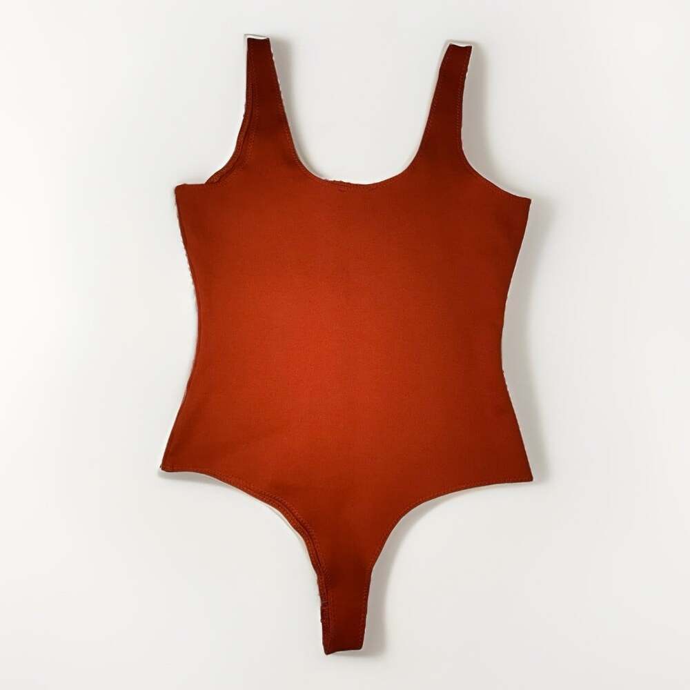 Shinestar Bodysuit M Sleeveless Stretch Minimalist Fitted Tank Burnt Orange Rust